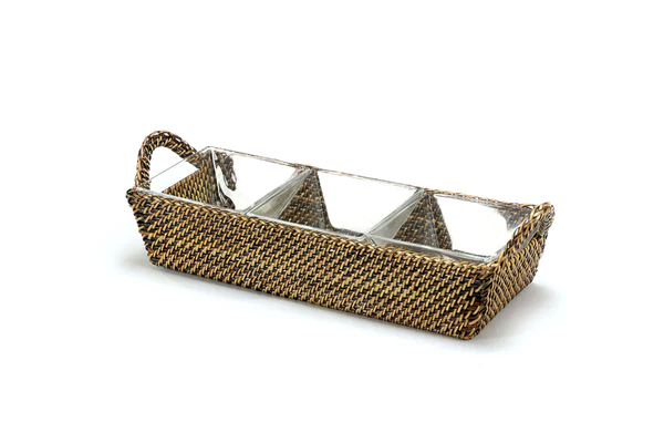 Wicker Sectional Tray w/3 Glass Dishes