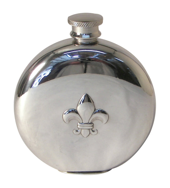 English Pewter Flask - Round Shape with Fleur De Lys Design - 6 oz