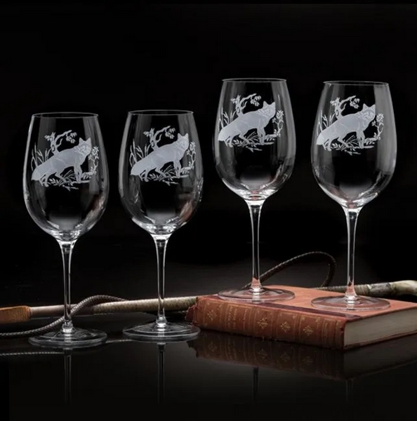 Set/4 Wine Glasses w/ Etched Fox