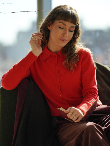 Cashmere Collared Cardigan - French Red