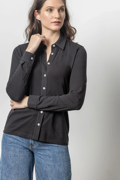 Long Sleeve Button Down Tee - Black