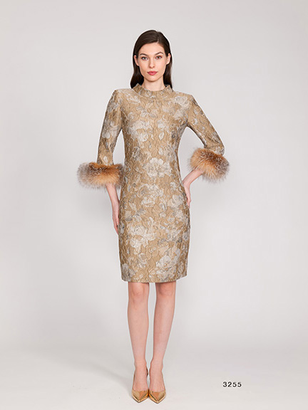 Jacquard Dress w/Fur Cuffs - Gold