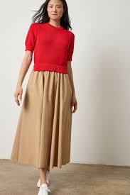 Mixed Media Dress - Khaki/Scarlet