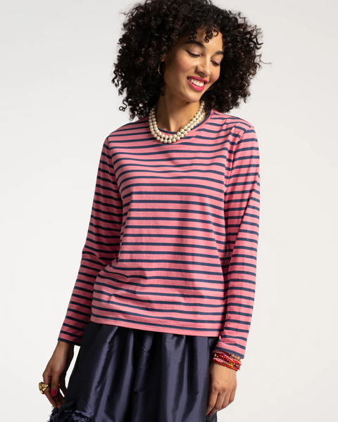 Long Sleeved Striped Tee - Pink/Navy